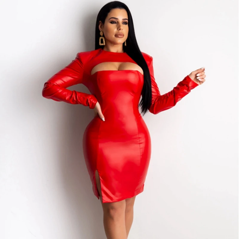 Женское Короткое платье из искусственной кожи черное облегающее большого