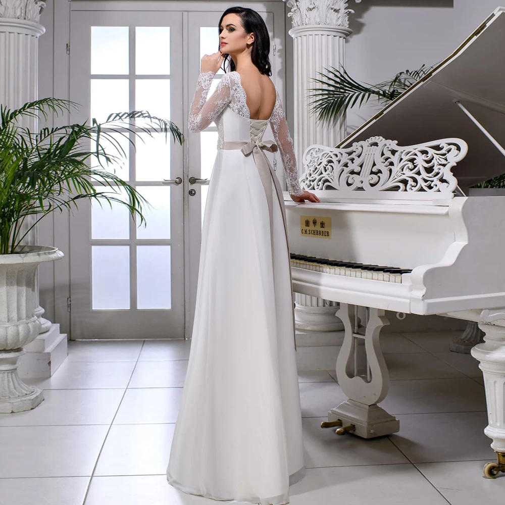 

Vestidos Sexy Wedding Dresses Chiffon Appliques Pleat Bateau Full Sleeve Lace Up A-Line Bridal Gowns Novia Do