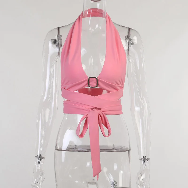 

2021 New Arrivals Summer Fashion Halter V Neck Pink Black Solid Backless Sexy High Street Sexy Women Tops Camis