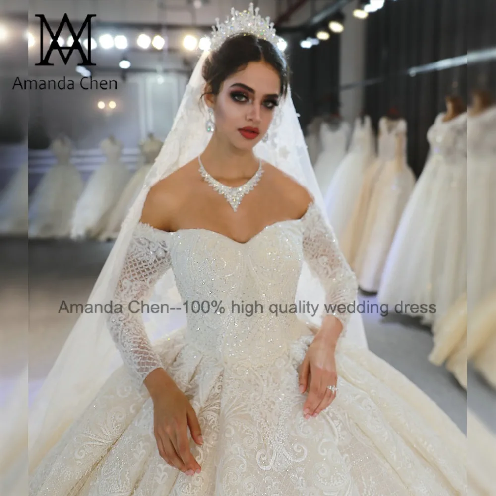 Robe de mariee с открытыми плечами Длинные рукава Кружева Аппликация блестящее свадебное платье цвета шампанского