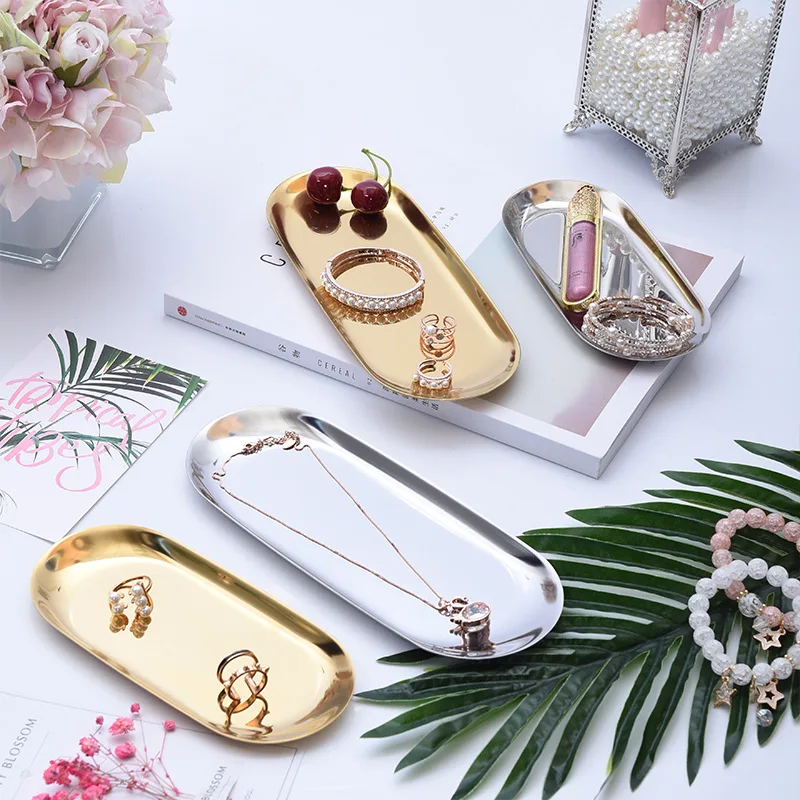 

2021 Hotsale Ins Colorful Stainless Steel Plate Jewelry Display Plate Dessert Cosmetics Jewelry Storage Tray Photo Props Case