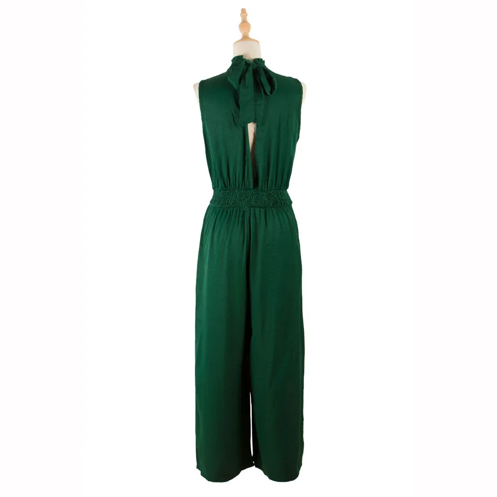 

Women Summer Sleeveless Jumpsuit Ladies Straight Long Pants Playsuit Dark Green Backless Lace-up Bow Knot Ruched Jumpsuit Romper