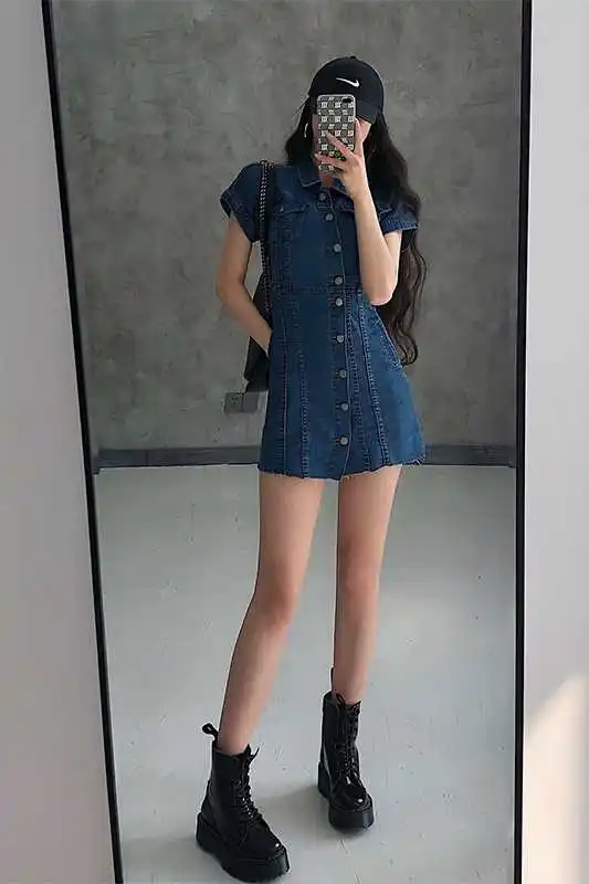 

WOMENGAGA Single Breasted Lapel Slim Short Sleeve Denim Mini T Shirt Dress Summer Hot Sexy Korean Women Dresses XI8M