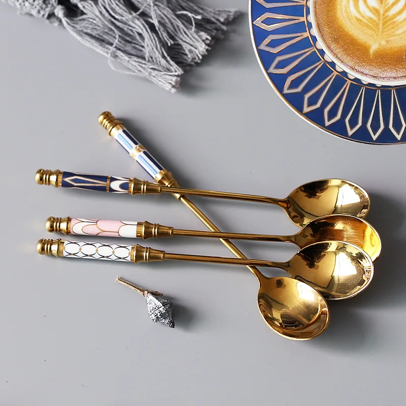 

Stainless Steel Spoon Ceramic Handle Ice Cream Fruit Coffee Stirring Spoons Teaspoon Dessert Cake Honey Spoon Tableware