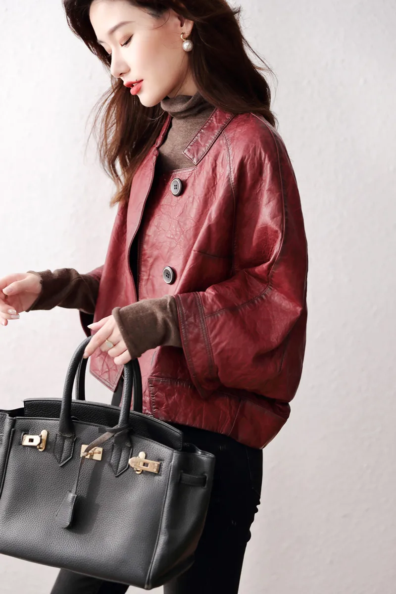 

JCHB 2021 leather Series coat genuine women's short single leather cloak large size loose single leather sheepskin jacket