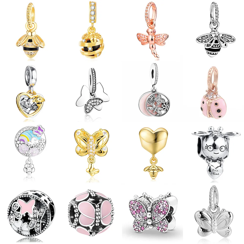 

Trendy 925 Sterling Silver Pendant Charm Bee Pink Butterfly ladybird dragonfly Zircon Beads Fit Original Bracelet DIY Jewelry