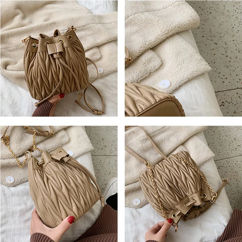 

Pleated Women's Crossbody Bag Designer Luxury Shoulder Bags Female Tassel Bucket Handbag High Quality Messenger Bag Chain Tote