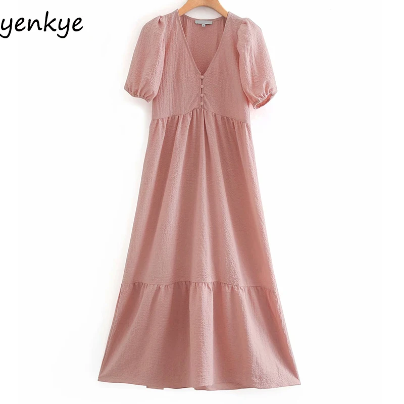 

Casual Summer Dress 2020 Vintage Solid Color Long Dress Women V Neck Short Sleeve Slim A-line Sweet Lady Elegant Dresses