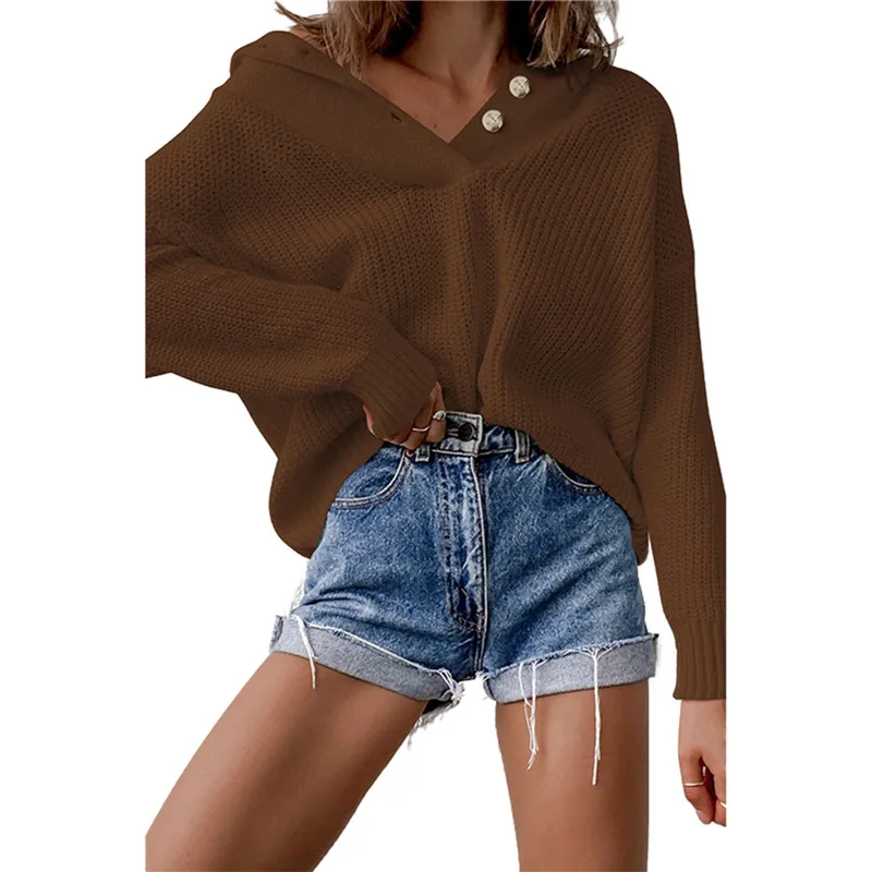 

Autumn Women V-neck Loose Hooded Sweater Button Down Solid Color Long Sleeve Knitting Pullover Soft Warm Pullover Sweater