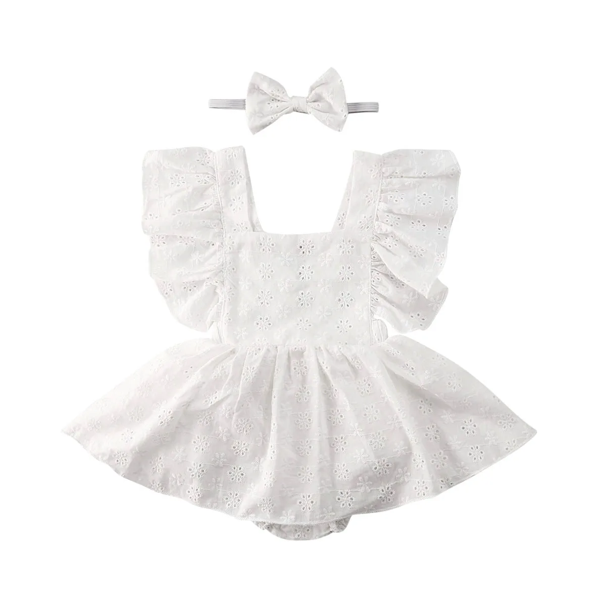 

0-24M Newborn Baby Girl Clothes Solid Color Ruffles Sleeve Flower Romper Headband 2Pcs Outfits Cotton Summer Clothes Set