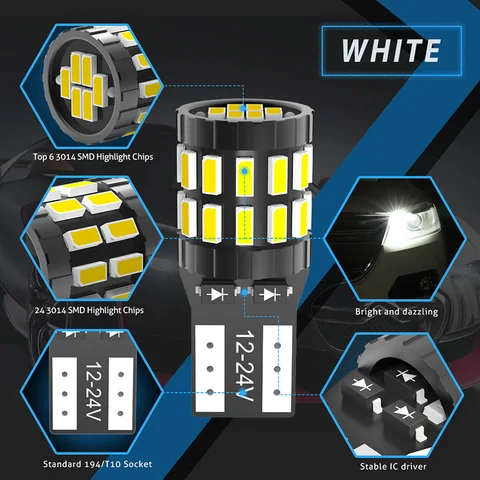 2 шт. T10 W5W Светодиодная лампа Canbus 194 168 Без ошибок 30SMD 3014 Белый Синий Красный Желтый Светодиодный Внутренний Парковочный Свет Для чтения Карта Купольный Свет