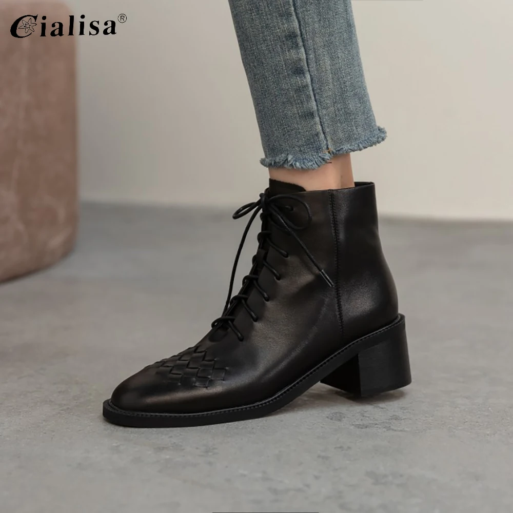 

CIALISA Women Shoes 2020 Winter Fashion New Design High Quality Ankle Boot Genuine Leather Round Toe Lace Up High Heel Boot