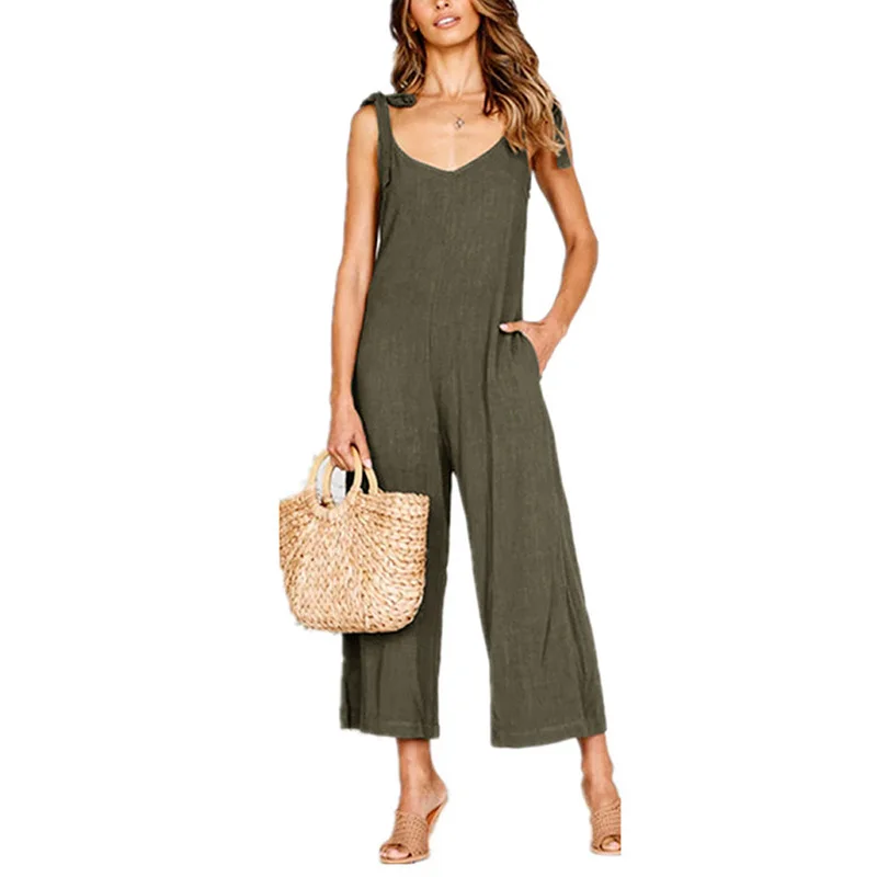 

Summer Women's Jumpsuit Cropped Trousers Bowknot Sling Mid-waist Stitching Loose Jumpsuit Women
