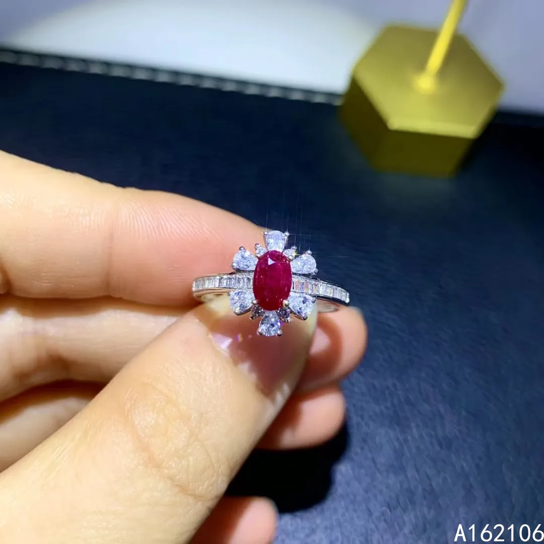 925 Pure Silver Chinese Style Natural Ruby Women's Trendy Fashion Flower Adjustable Gemstone Ring Fine Jewelry Support Detection