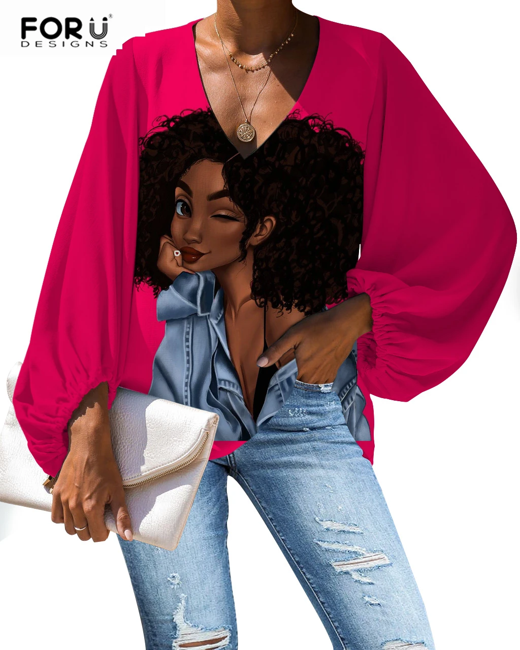 

FORUDESIGNS Fashion Women Black Girls Printed Shirts Fashion Long Sleeve Tops Chiffon Blouse Ladies Loose Tops Shirts Female