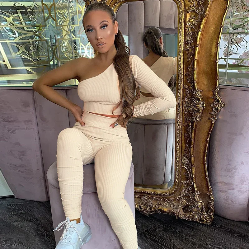 

Seamles 2 Piece Set Women's Fall Winter Fashion One-Sleeve Strapless Crop Top Leggings Skinny Casual Suit Gym Fitness Sportswear