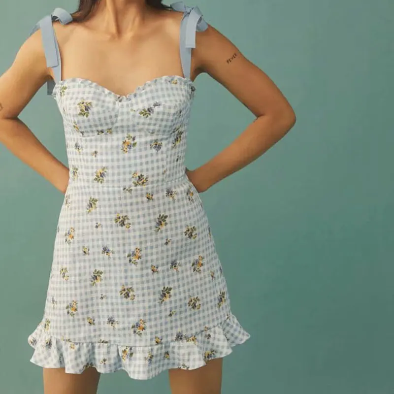 

French Retro Skirt Women's Plaid Print Suspenders Wooden Ears Lace-Up Comfortable Elegant Lovely Seaside Vacation Beach Dress