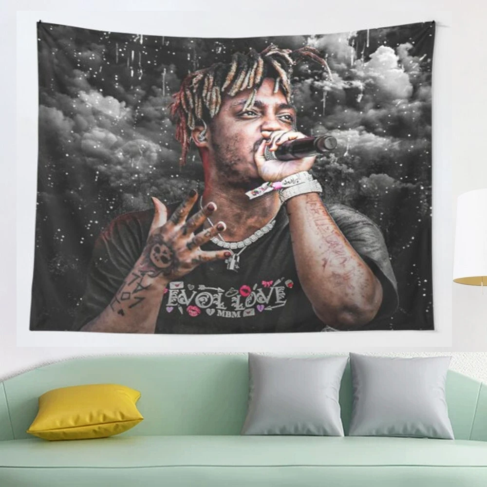 

New Juice Wrld In Rain Designed Cartoon Concert Photo Tapestry Wall Hanging Tapestries For Living Room Bedroom Home Decor
