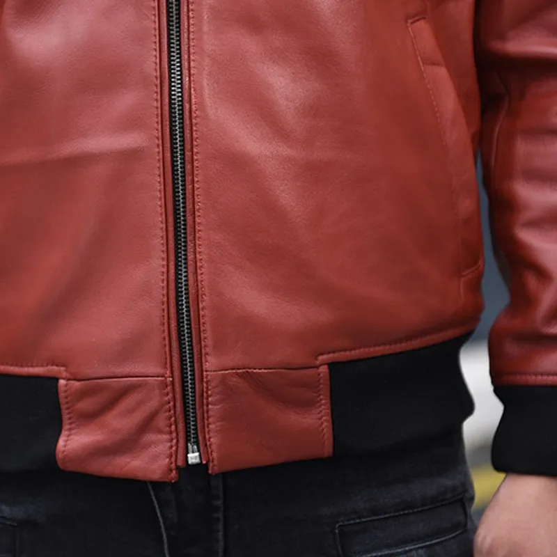 

Leather Jackets Genuine Mens Red Short Slim Natural Sheepskin Biker Jacket Zippers Pockets O-Neck Covered Button Vintage Coat