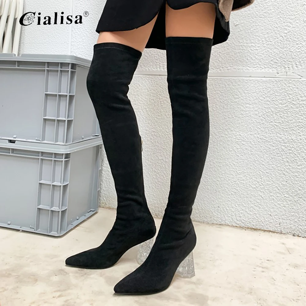 

Kanseet Women Boots Khaki Pointed Toe Crystal Heel Autumn HIgh Heels Fashion Over Knee Sexy Over Knee Women Boot