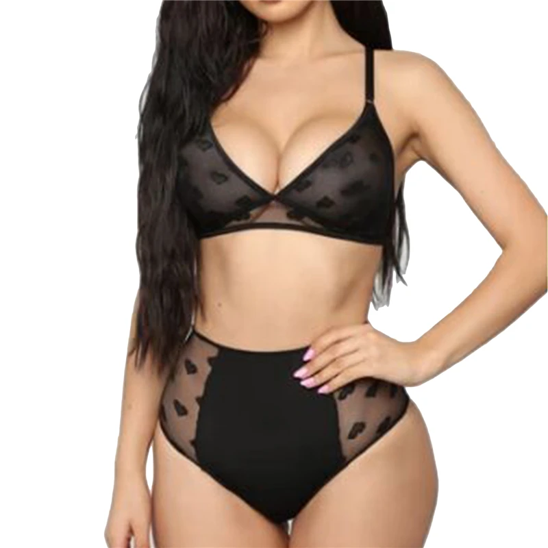 

Mesh See-Through Bra Sexy Women Underwear Set Love Printed Transparent Sleepwear Panties Thongs Lingerie Split Suit Pajamas
