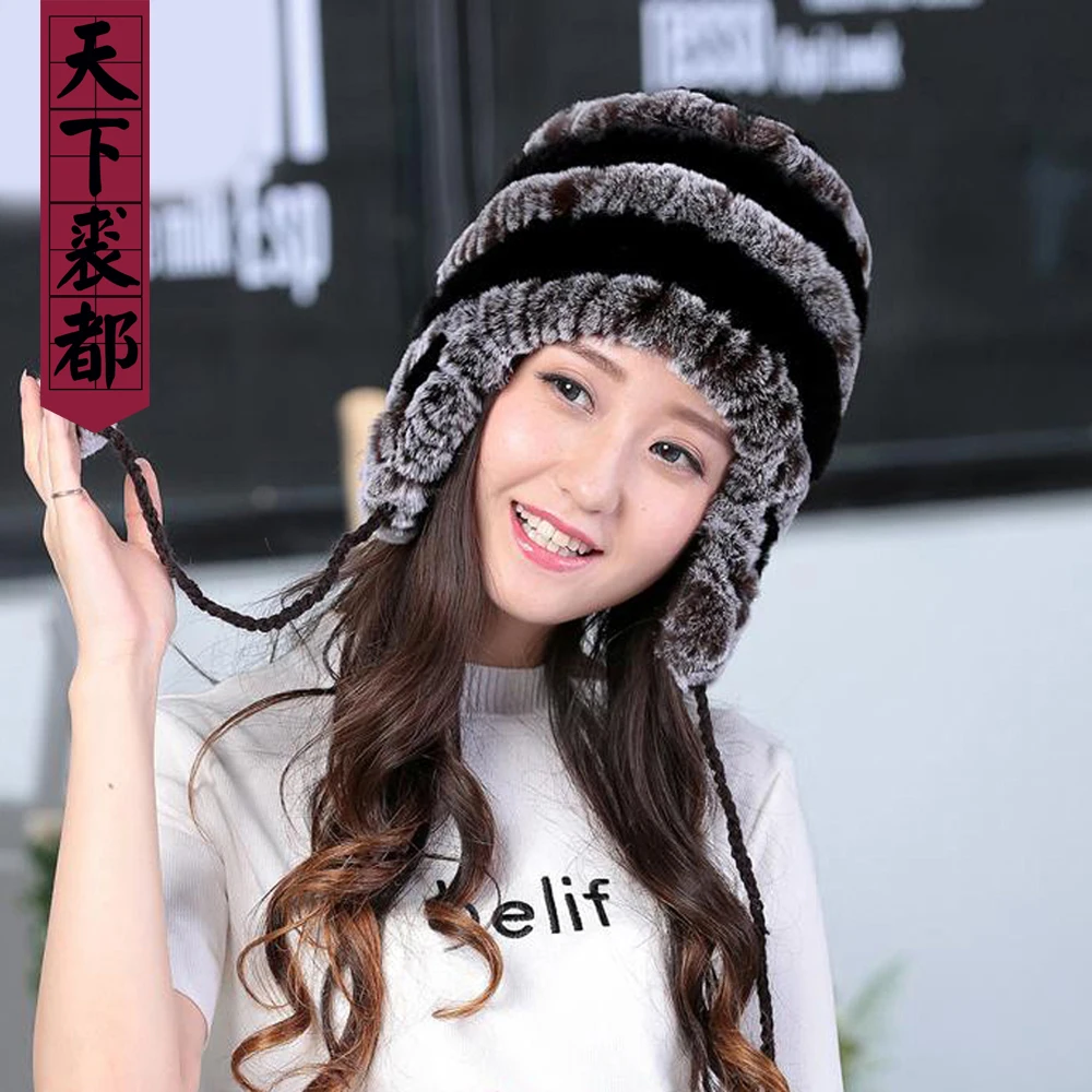 Lady Real Fur Earflap Hats Women Natural Rex Rabbit Fur Beanies Cap Russian Winter Warm Genuine Fur Hat Wholesale
