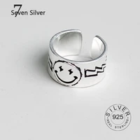 real 925 sterling silver finger rings for women silver smile face trendy fine jewelry large adjustable antique rings anillos