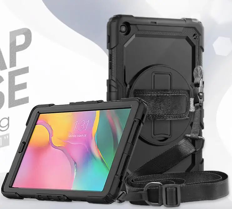 Черный 360 Вращающийся чехол для Samsung Galaxy Tab A 10,1 T510 T515 SM-T510 SM-515 чехол для планшета с ремешком на плечо+ ручка+ пленка - Цвет: Черный