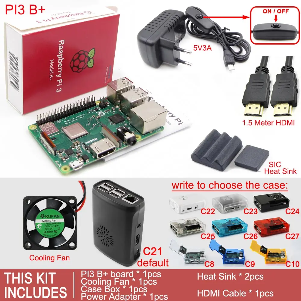 Комплект 4 Raspberry Pi 3 Model B+ плюс плата+ чехол коробка+ вентилятор охлаждения+ sd-карта+ теплоотвод+ адаптер питания переменного/постоянного тока+ кабель HDMI - Комплект: Комплект 4
