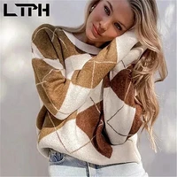 ltph american argyle sweaters women vintage o neck long sleeve top loose casual pullovers lazy style jumpers 2021 autumn new