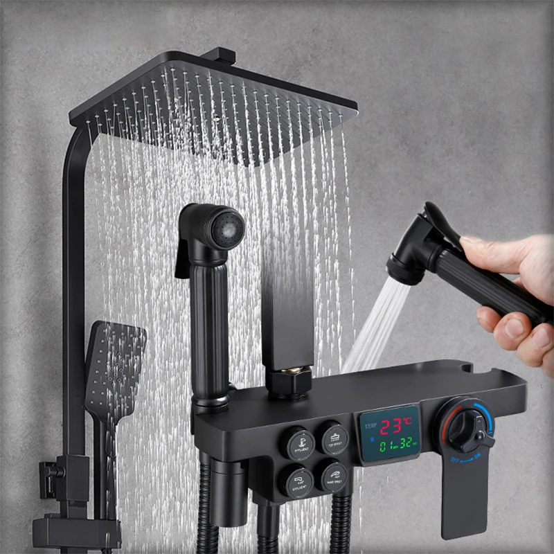

YCRAYS White Black Gold Digital Display Thermostatic Shower Faucet Set Rainfall Bathtub Tap Bathroom Mixer With Shelf Hydropower