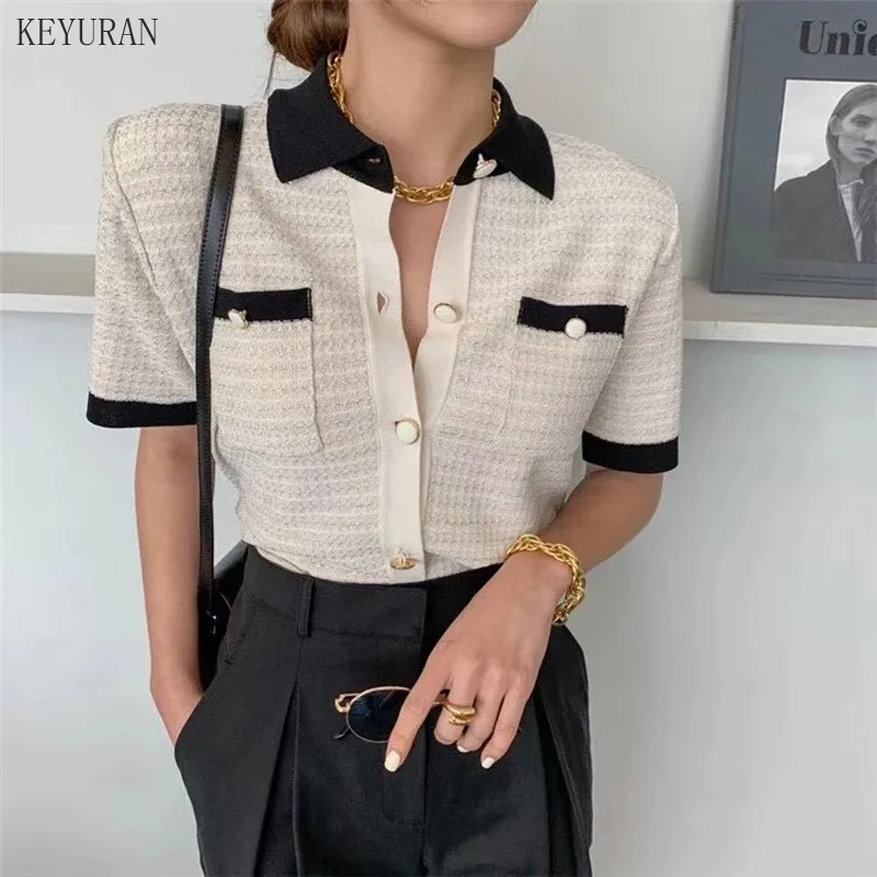 

2021 летние трикотажные топы с отложным воротником и коротким рукавом, тонкие шелковые вязаные женские рубашка-пальто Топы