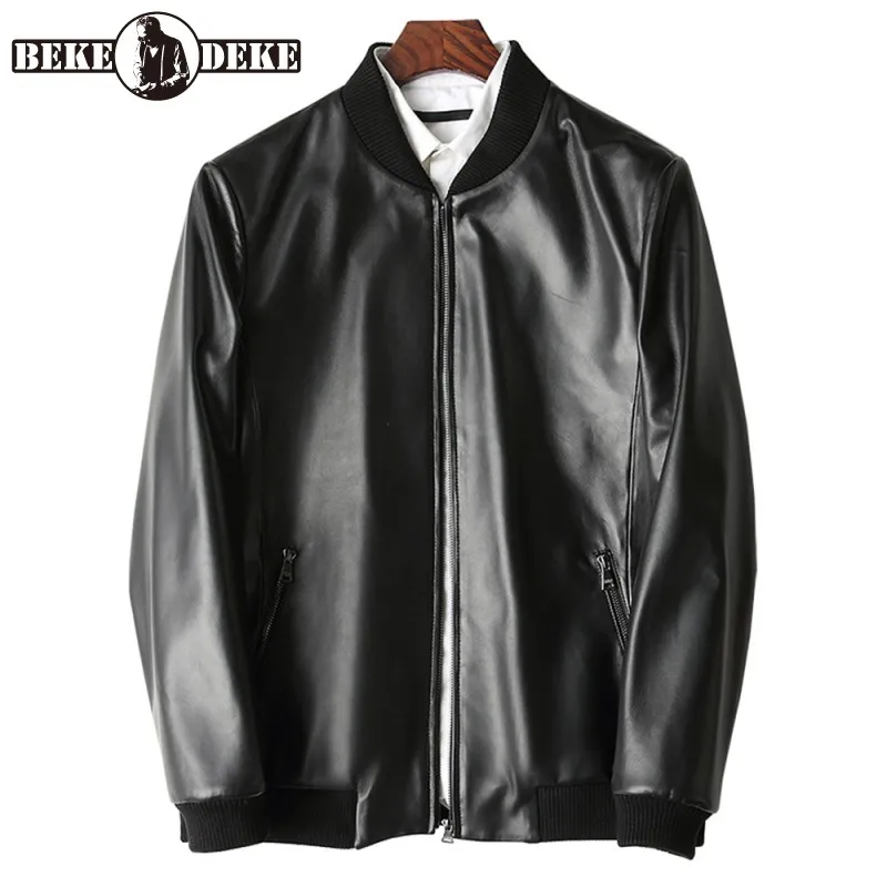 

High Quality Leather Jacket Men New Luxury Biker Moto Short Coat Spring Autumn Zipper Bomber Sheepskin Outerwear Black