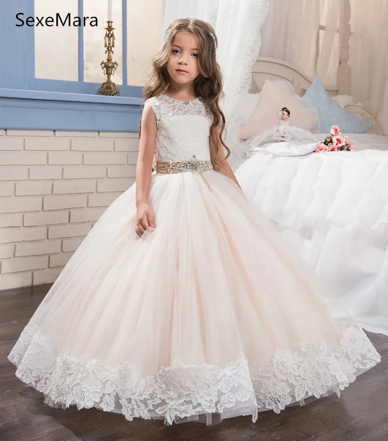 

Flower Girl Dresses Lace Applique O-neck First Communion Dresses for Girls Vestidos Longo