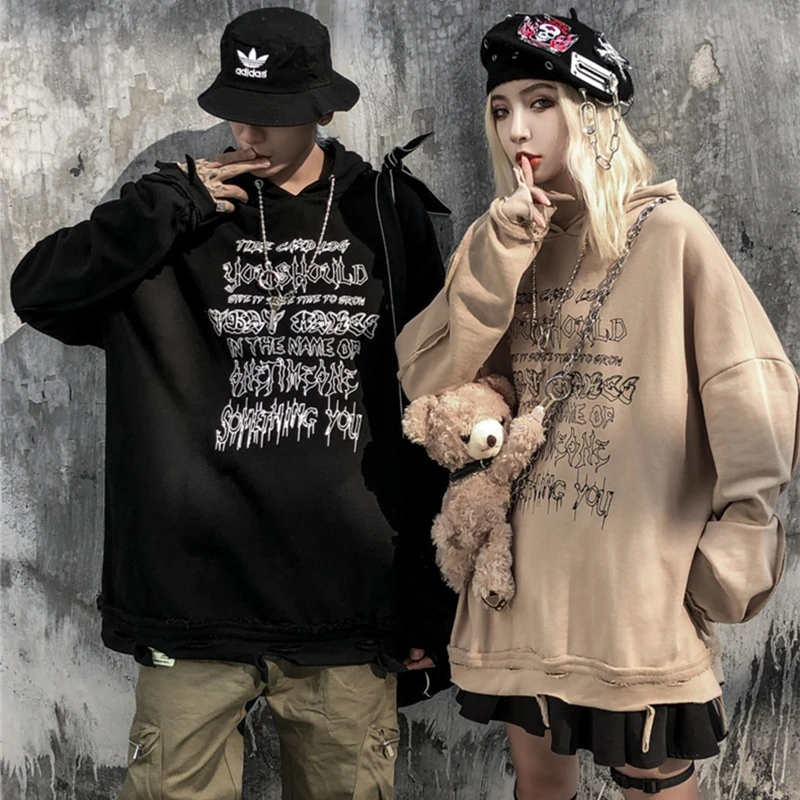 

Street Hipster Hip Hop Letters Print Washed Sweatshirt Hoodie With Necklace Men Women Loose Oversize Hooded Pullover Cotton Tops