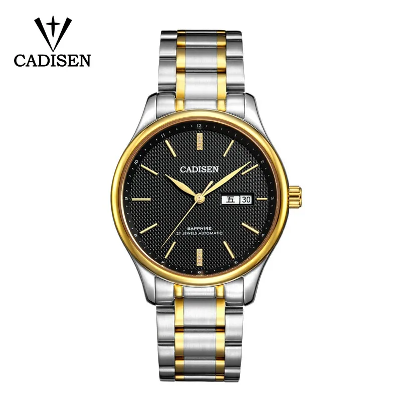 Black Gold CADISEN Модные мужские автоматические механические часы спортивные часы для отдыха Бизнес Военные часы 5ATM Календарь Неделя двойной дисплей - Цвет: Black Gold