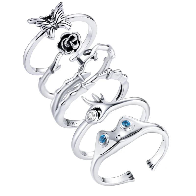 

BISAER 925 Sterling Silver Adjustable Opening Ring Rose Butterfly Frog Finger Rings For Women Trendy Party Accessories EFR195