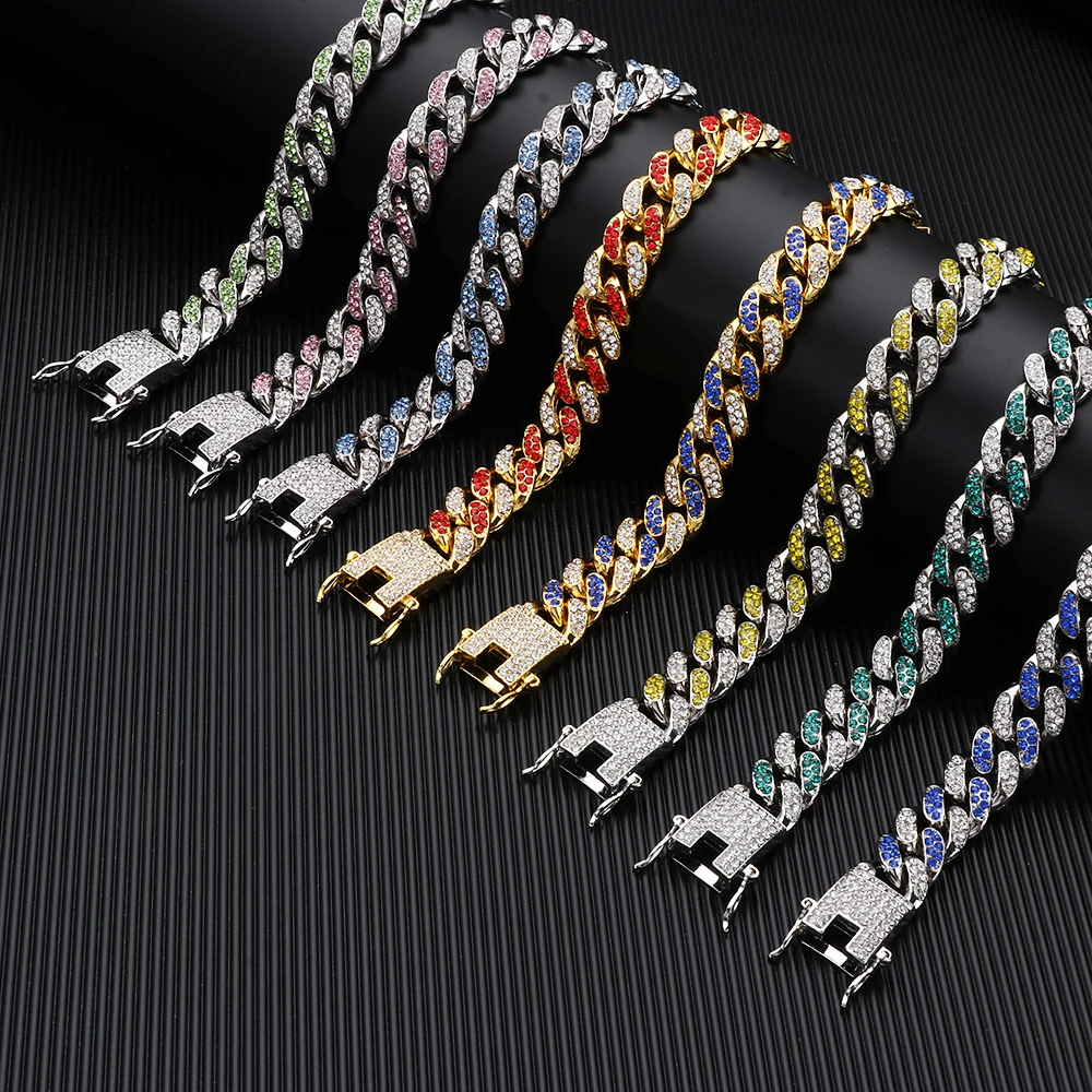 

Fashion Luxury Shiny Cuban Bracelet Inlaid Rhinestone Link Chain Bracelet 12mm Width