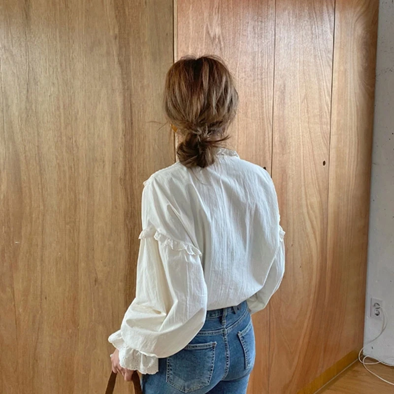 

Lucyever Korean Style Chic Lantern Sleeve Blouse Women Elegant White Ruffle Stand Collar Shirts Woman 2021 Spring Solid Blouses