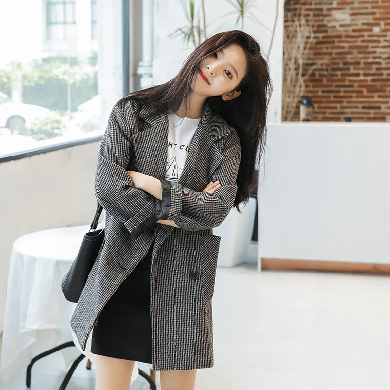 Women 2019 FW Double Breasted Plaid Tweed Blazer and Jacket | Женская одежда
