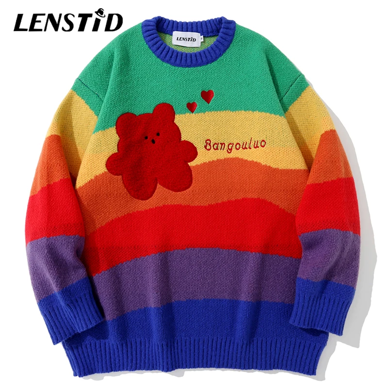 

Мужской трикотажный джемпер LENSTID в стиле хип-хоп, свитер в радужную полоску с вышивкой медведя, уличная одежда в стиле Харадзюку, осенние мод...