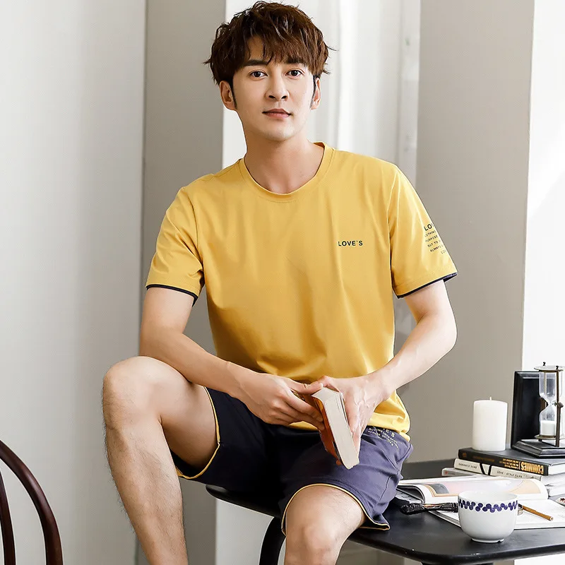 Cotton Letter Plus Size Pajamas Ensembles Homme Roupao Masculino Yellow O Neck Schlafanzug Casual Soft Loungewear Pyjama Short
