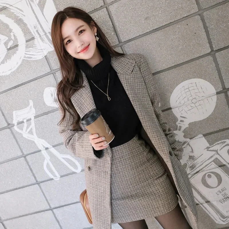 

Plaid Woolen Coat Suit Autumn Winter New Korean Plaid Tweed Coat High Waist Bag Hip Skirt Two-piece Sets Women Basic Jackets 157