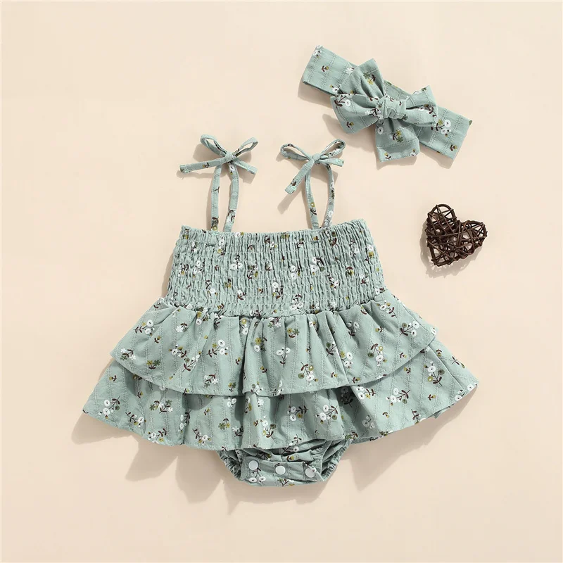 

2Pcs 0-12Months Newborn Baby Girls Floral Print Casual Clothes Set,Girls Sleeveless Ruffle Hem Lace-up Romper+Bow-knot Headband