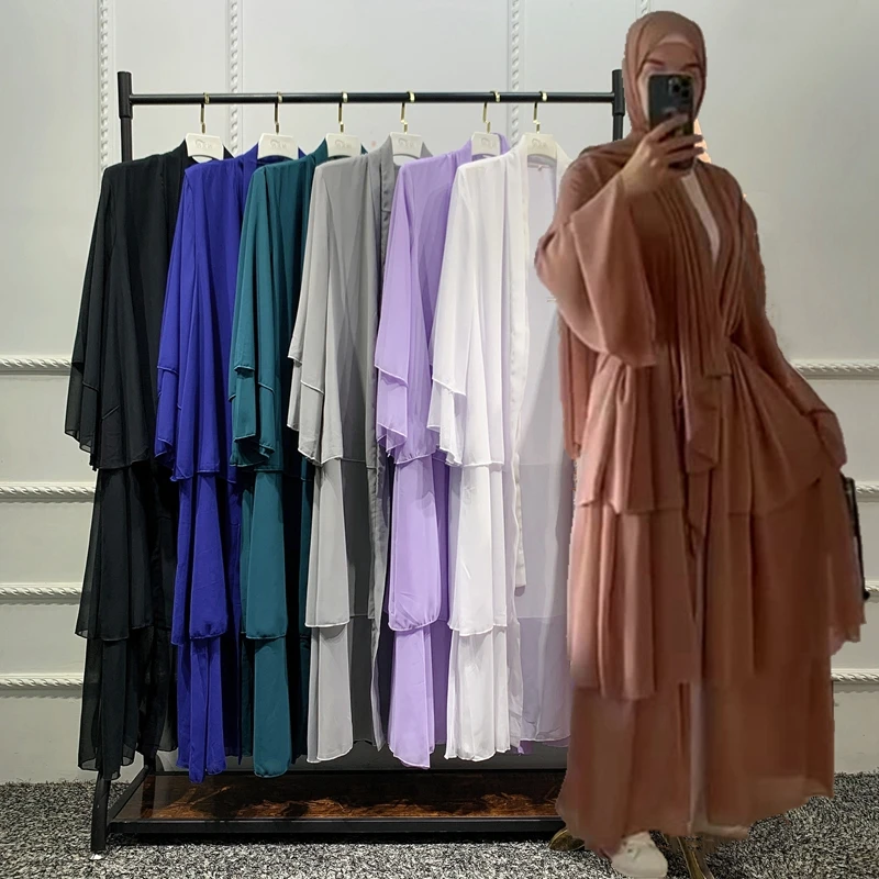 Open Abaya Kimono Dubai Turkey Cardigan Robe 3 Layers Chiffon Ruffles Muslim Women Dress Caftan Marocain Islamic Women Clothing