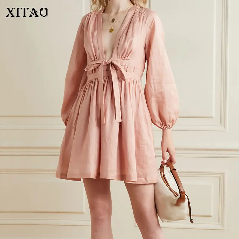 

XITAO, однотонное Плиссированное мини-платье, Бандажное летнее платье с бантом, новое французское платье с v-образным вырезом и рукавами-фонар...