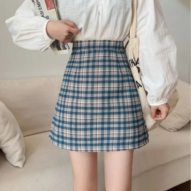 

Woman skirts 2021 Spring Loose High Waist A-line Skirt Plaid Retro Anti-failure Pack Hip Skirt floral pencil skirt Plaid skirt