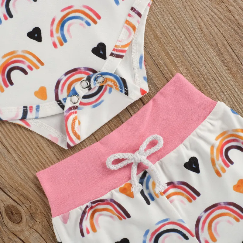

Spring Autumn Kids Baby 3-piece Outfit Set Long Sleeve Rainbow Print Romper+Pants+Headband Set for Children