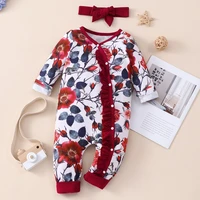 spring fall baby clothes girl baby jumpsuits 2 pcs flower print long sleeve baby rompersheadband boho baby girl romper 0 18m