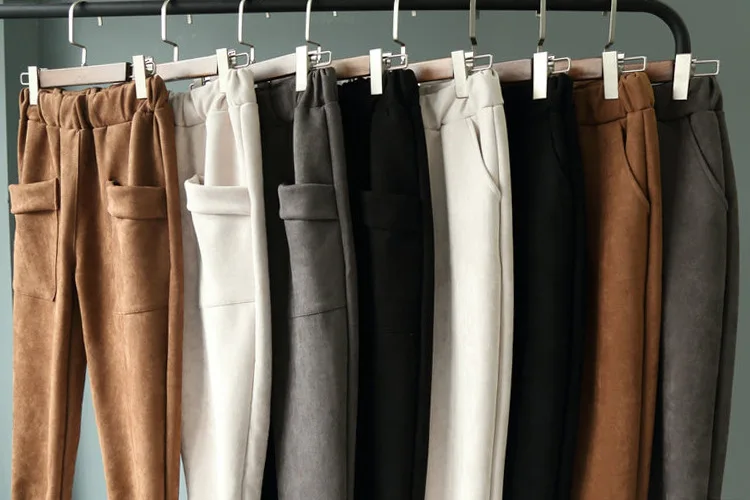 Эластичные женские брюки с завышенной талией зимние бриджи замшевые большими